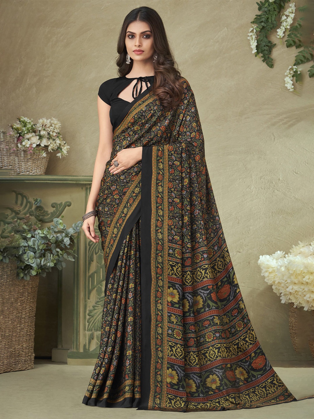 

elora Floral Pure Silk Bhagalpuri Saree, Black