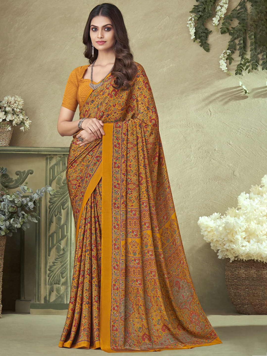 

elora Floral Pure Silk Bhagalpuri Saree, Mustard