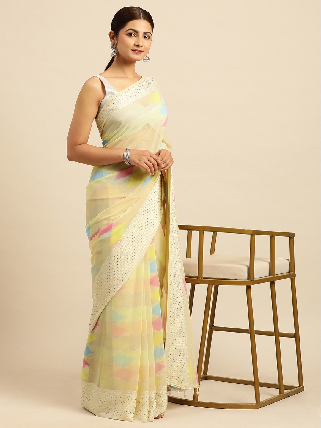 

Triveni Printed Stones-Studded Pure Georgette Saree, Orange
