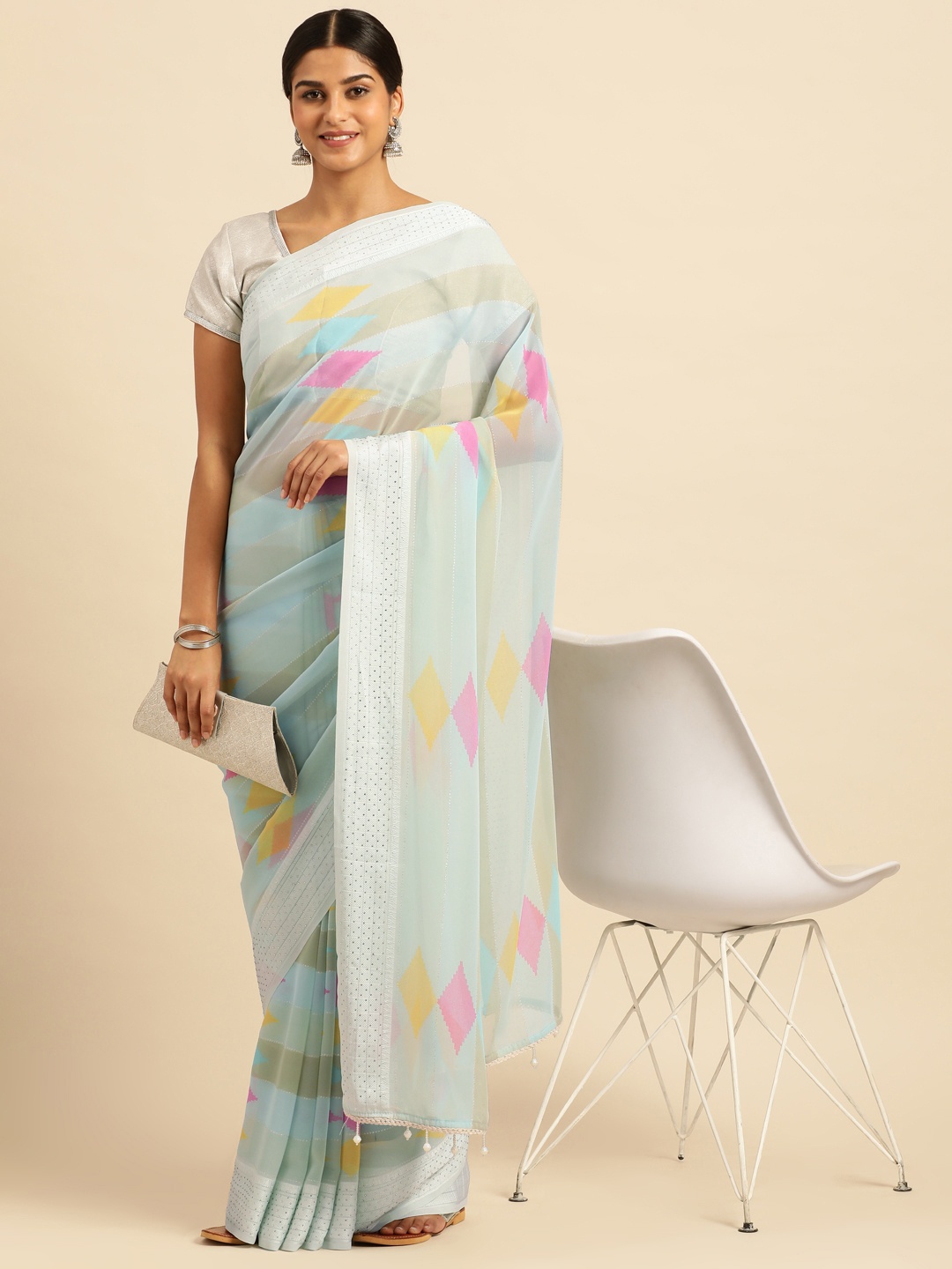 

Triveni Stones-Studded Pure Georgette Saree, White