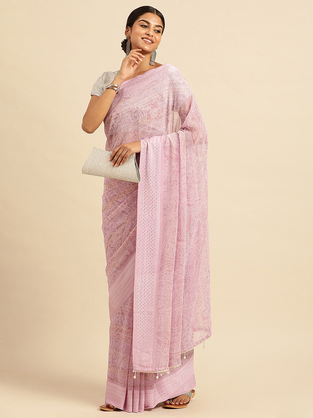 

Triveni Ethnic Motifs Stones-Studded Pure Georgette Saree, Pink