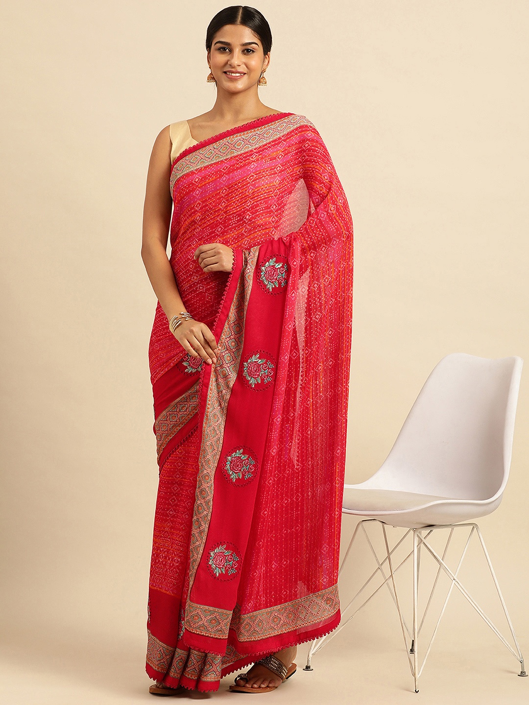 

Triveni Bandhani Pure Georgette Saree, Red