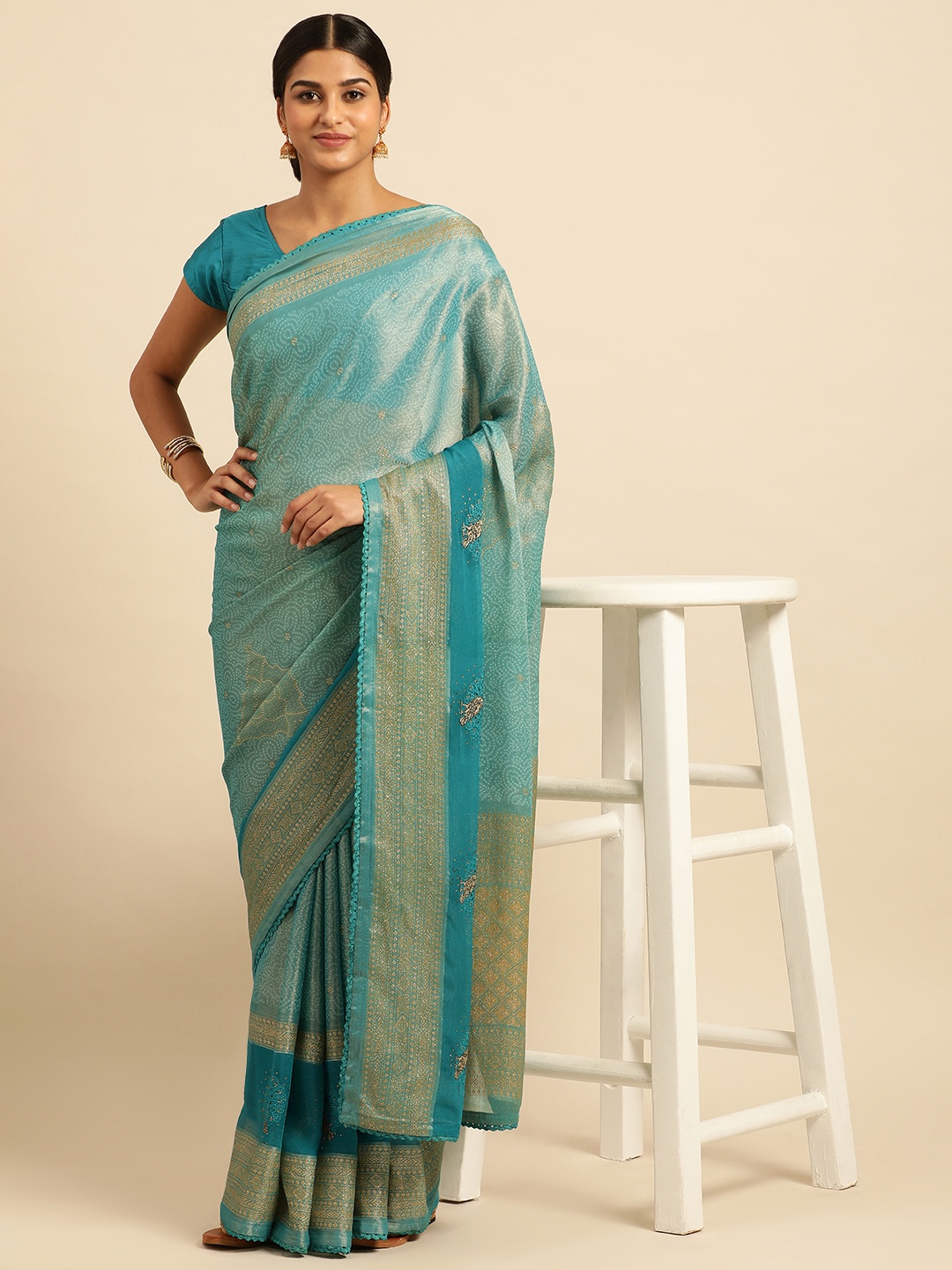 

Triveni Bandhani Stones-Studded Brasso Saree, Blue