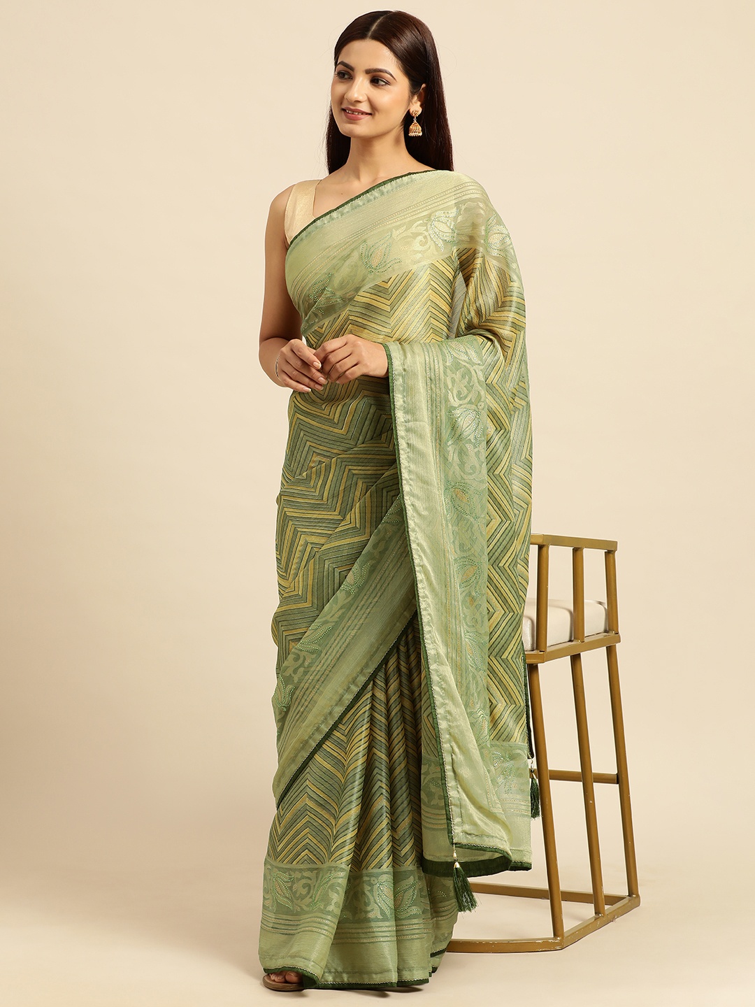 

Triveni Stones-Studded Brasso Saree, Green