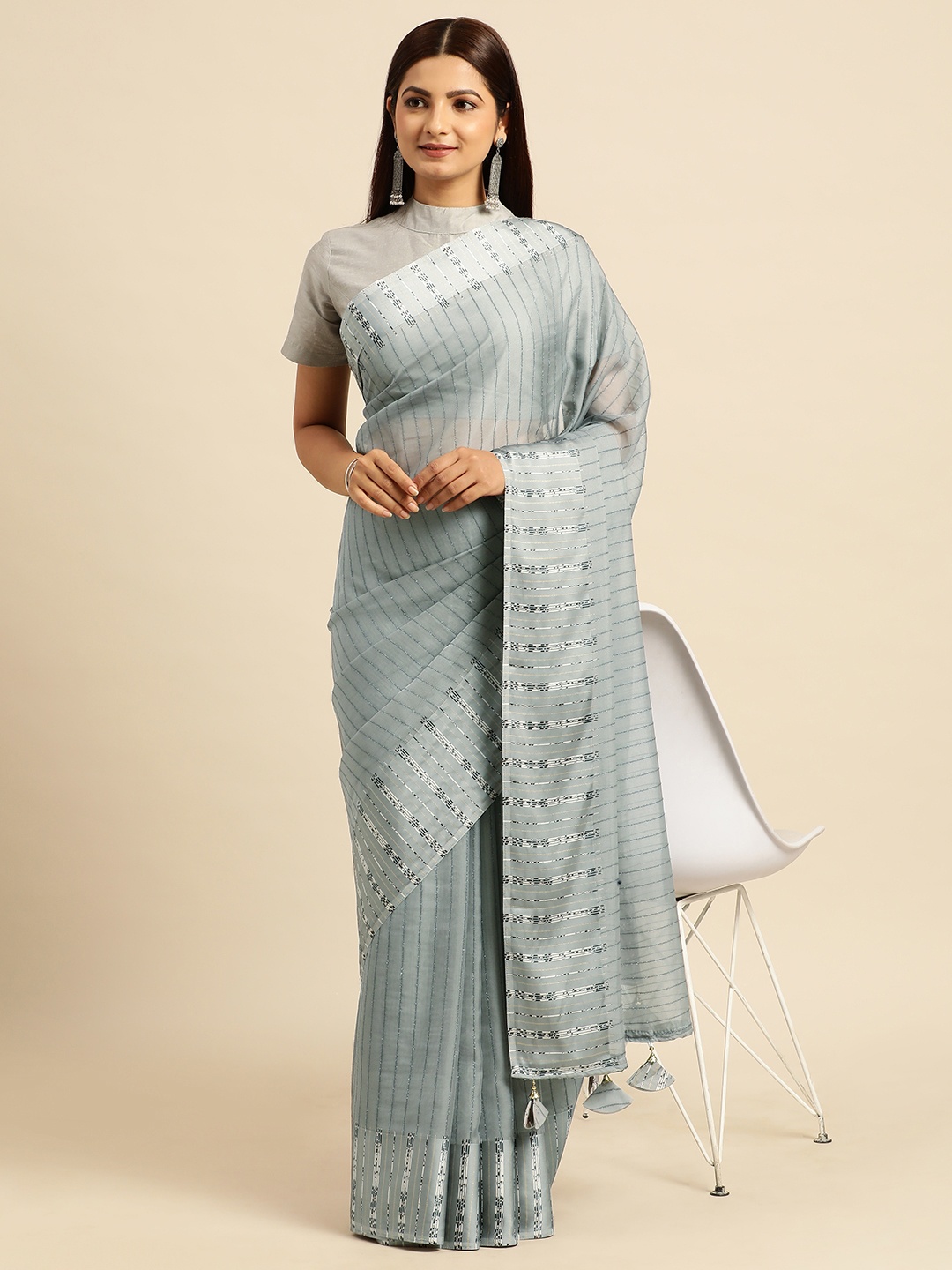 

Triveni Embellished Striped Organza Saree, Grey