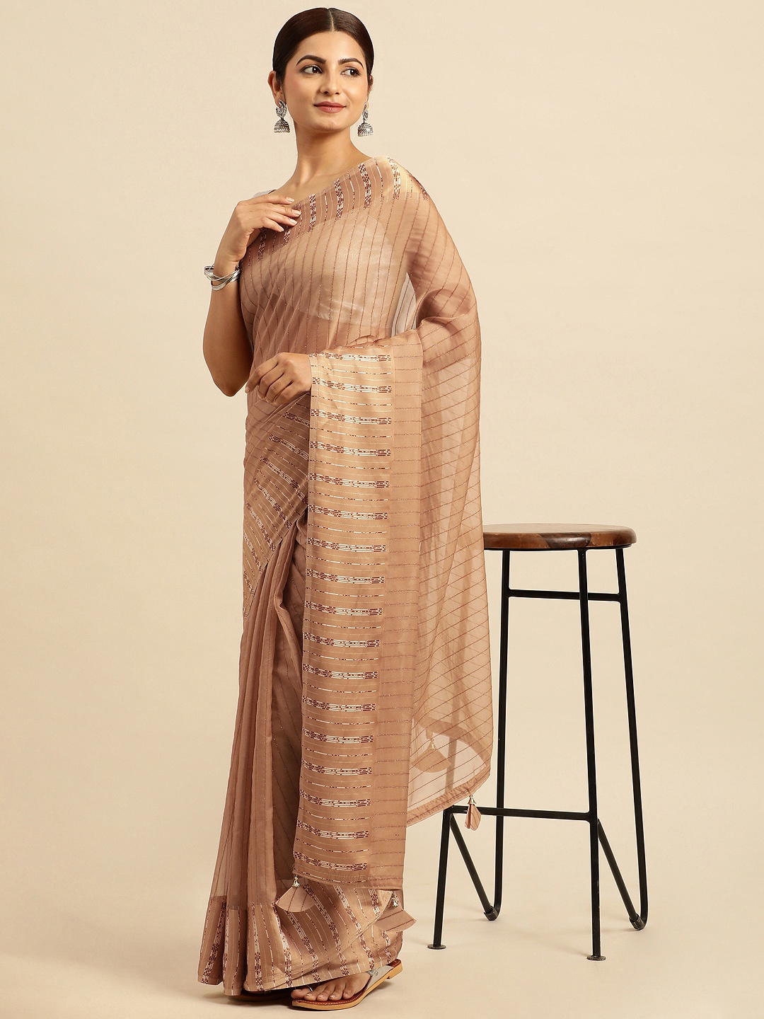 

Triveni Striped Organza Saree, Brown