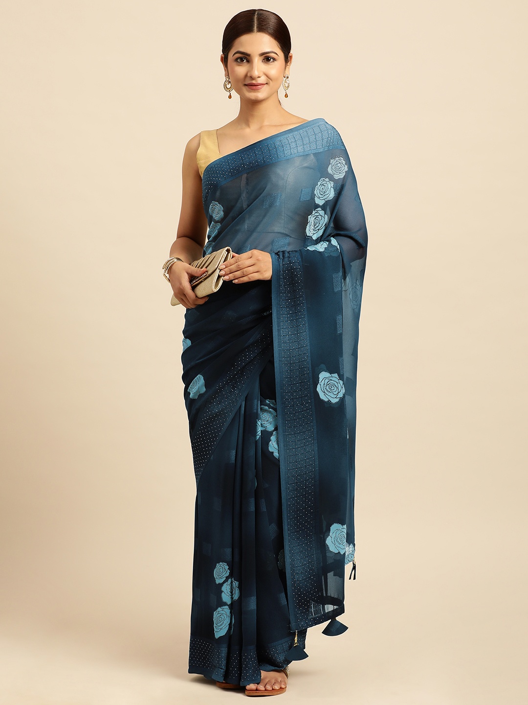 

Triveni Floral Stones-Studded Pure Georgette Saree, Blue