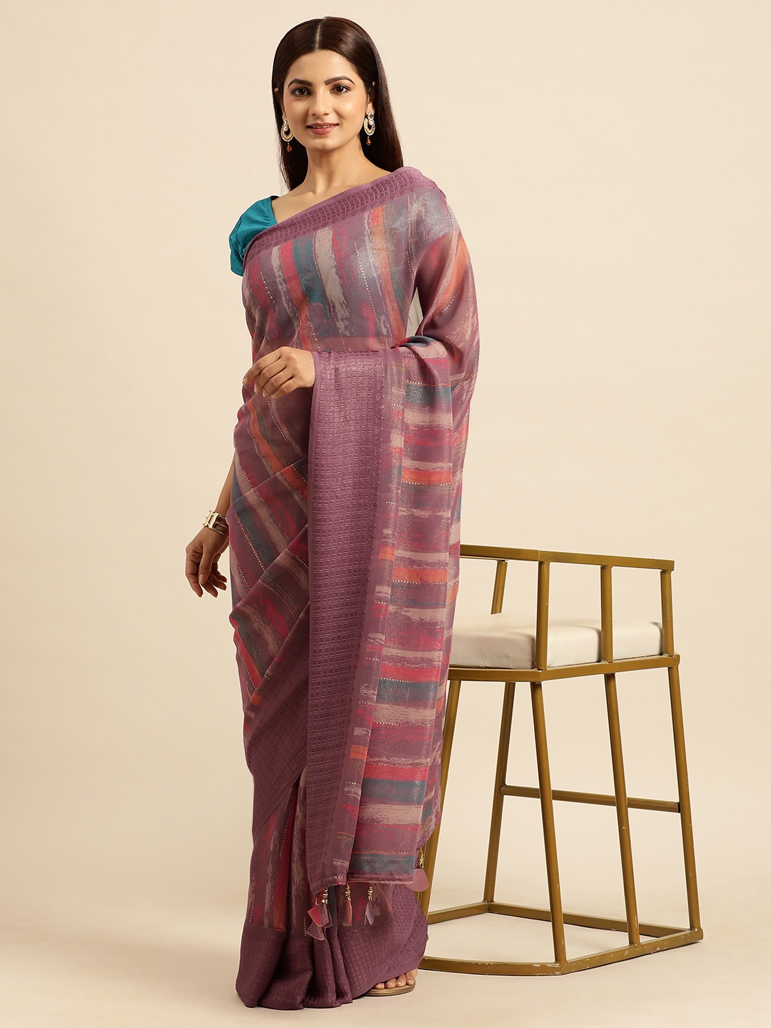 

Triveni Stones-Studded Pure Georgette Saree, Pink