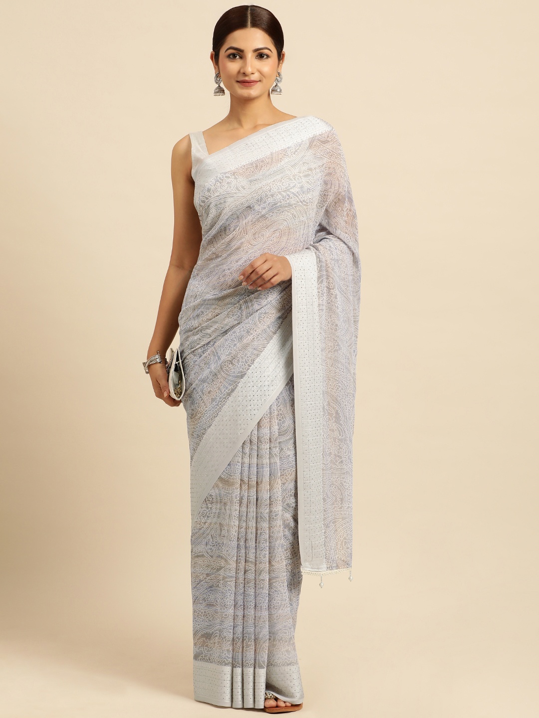 

Triveni Ethnic Motifs Stones-Studded Pure Georgette Saree, Brown