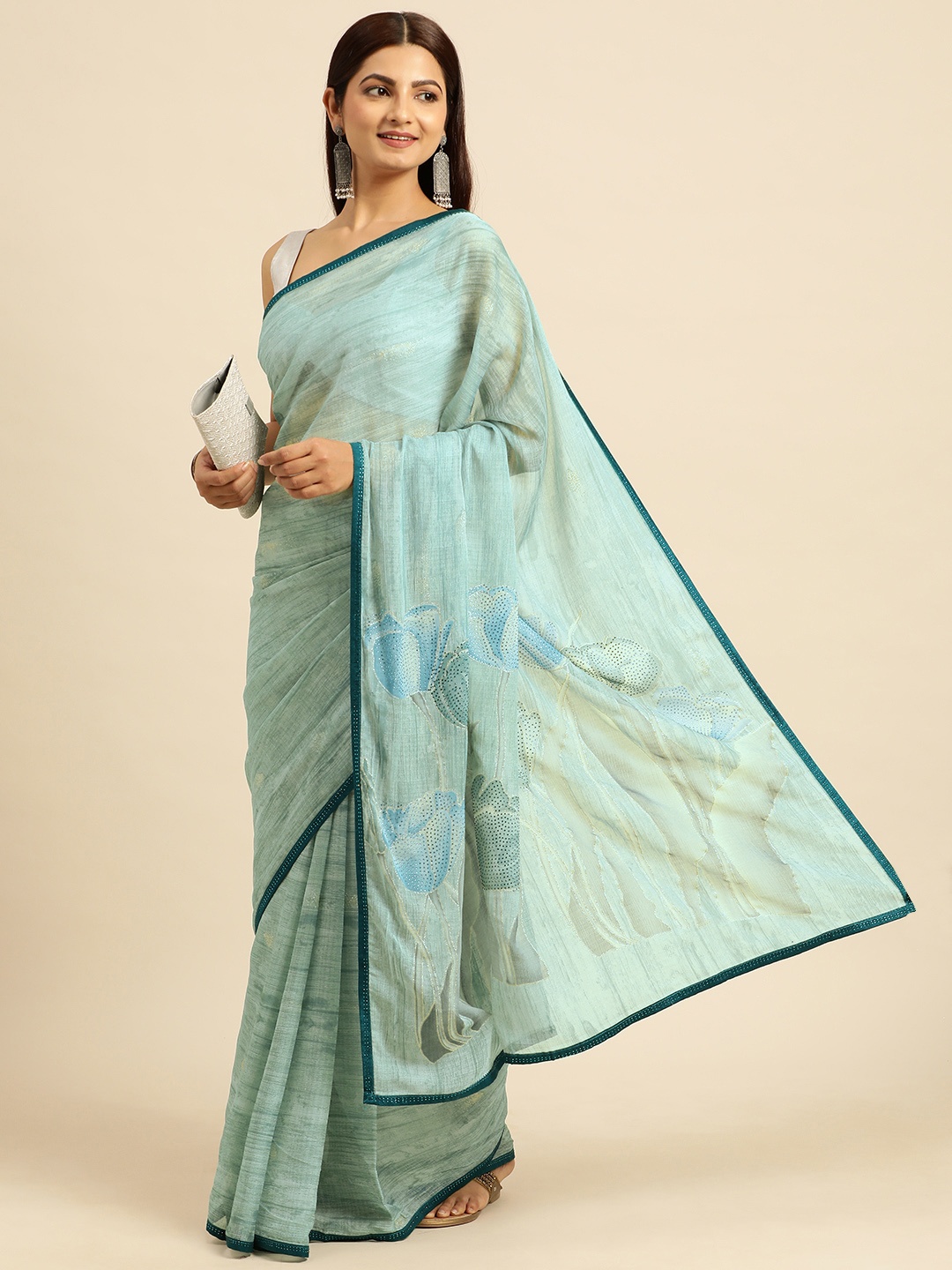 

Triveni Stones-Studded Pure Chiffon Saree, Green