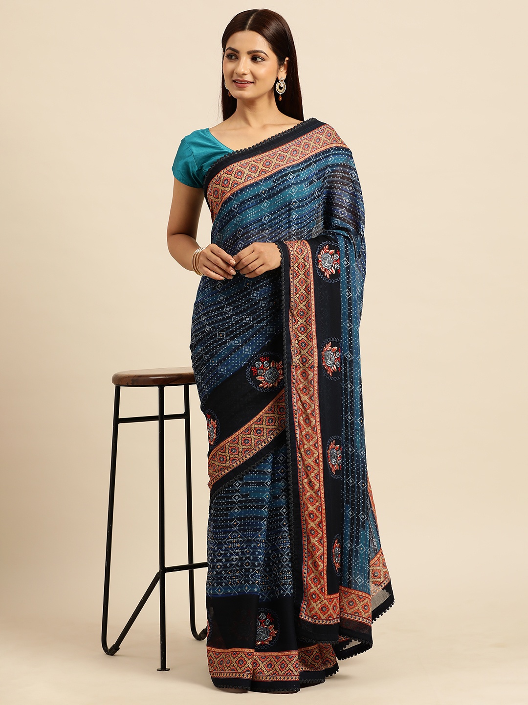 

Triveni Bandhani Pure Georgette Saree, Blue
