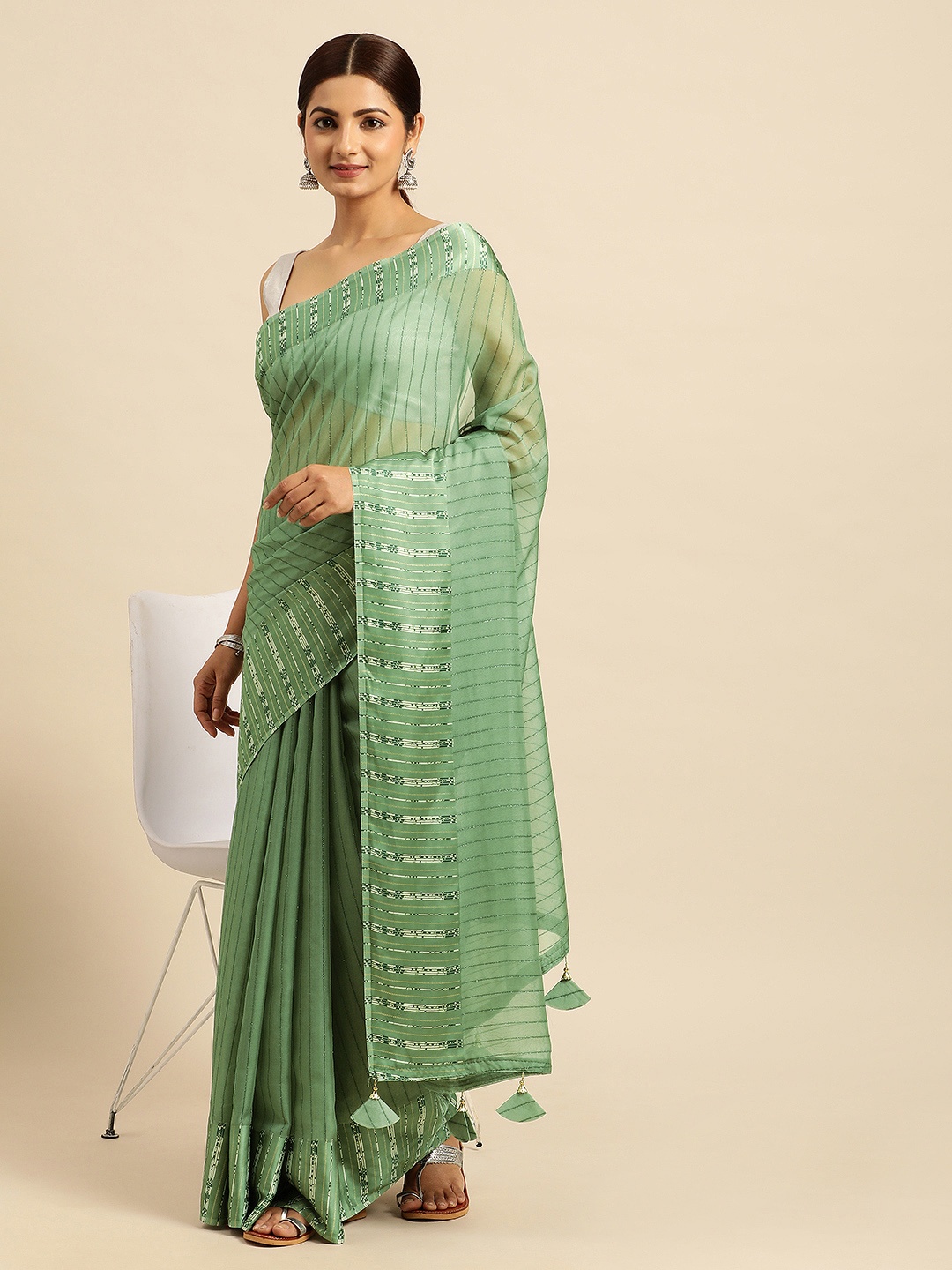 

Triveni Striped Organza Saree, Green