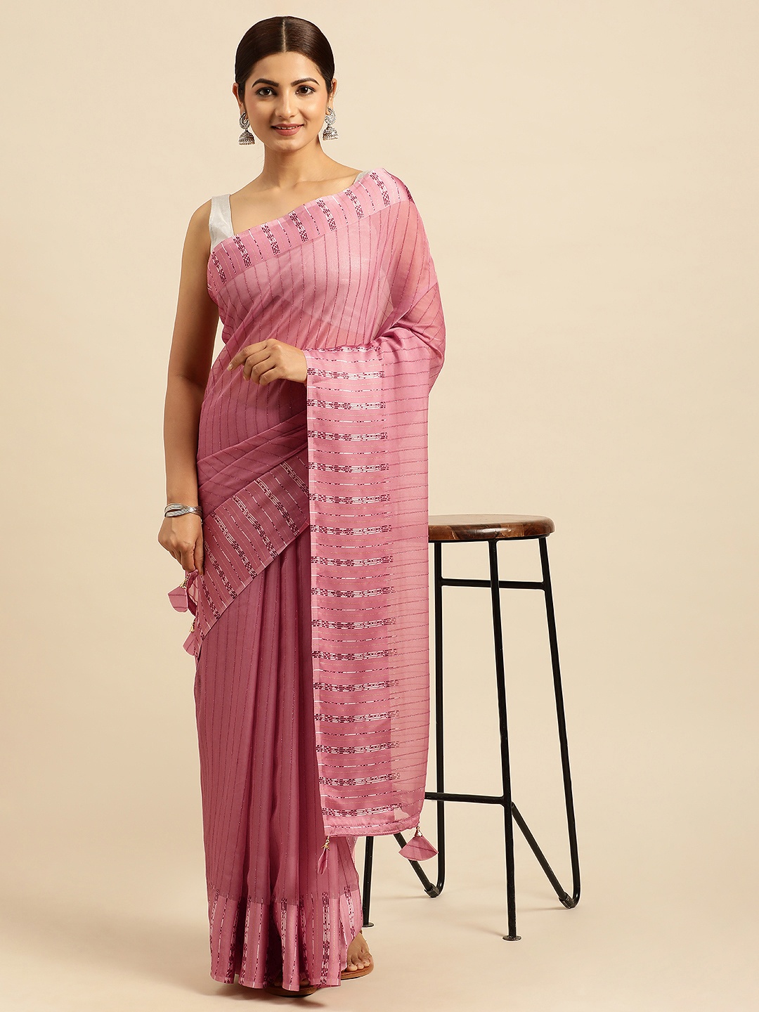 

Triveni Striped Organza Saree, Pink