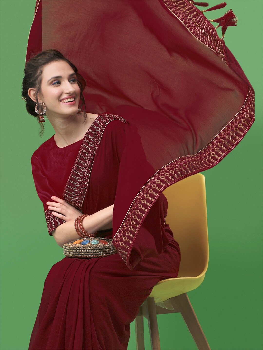 

Sangria Maroon & Beige Embroidered Silk Blend Saree