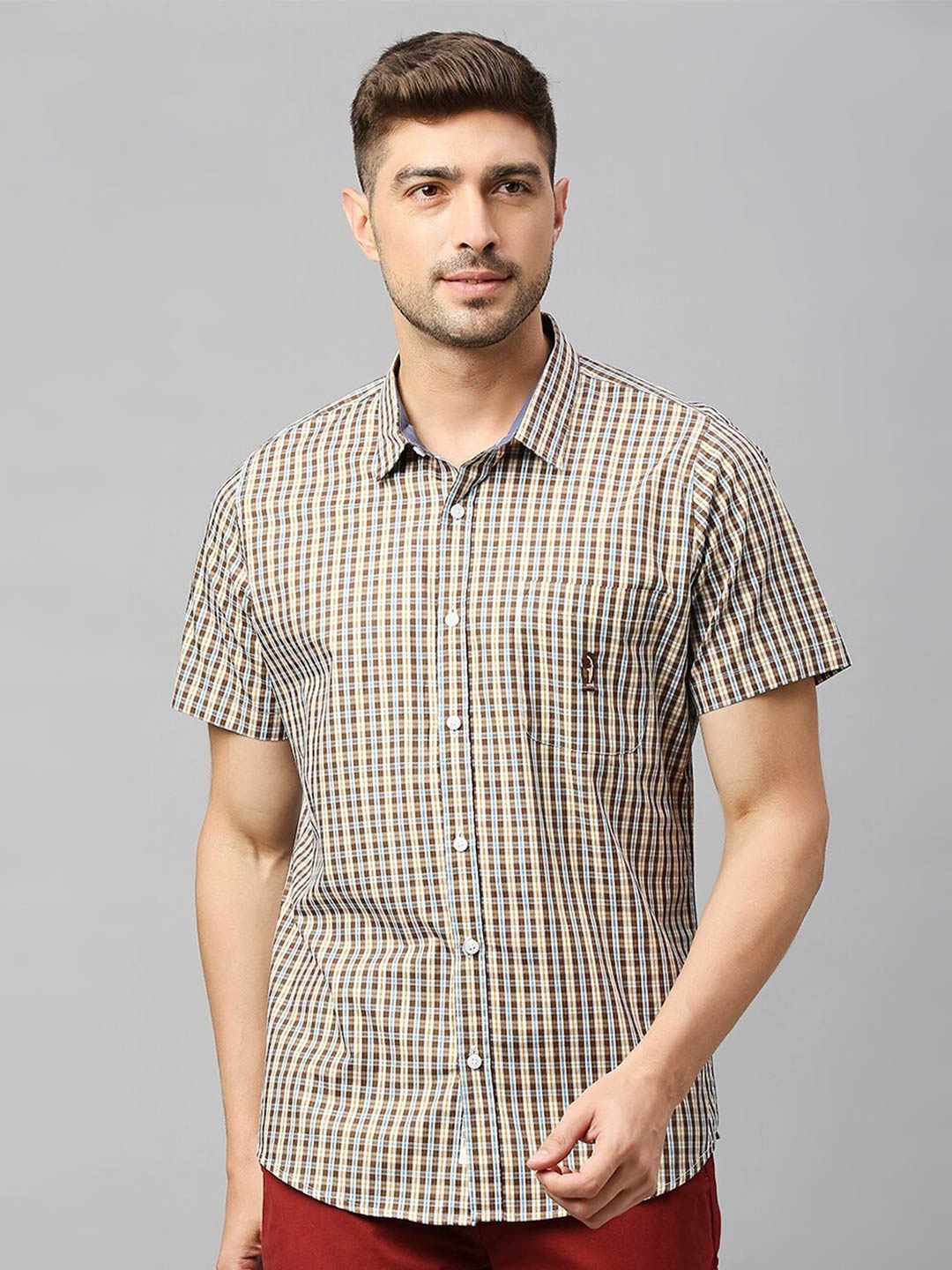 

Thomas Scott Classic Slim Fit Gingham Checks Casual Pure Cotton Shirt, Brown