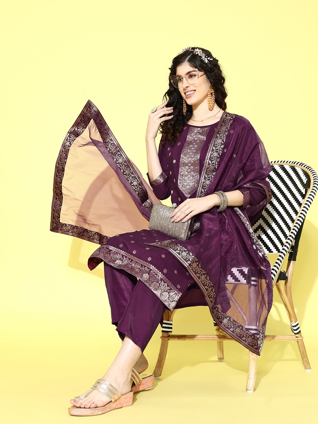 

Sangria Floral Yoke Design Jacquard Kurta with Trousers & With Dupatta, Purple
