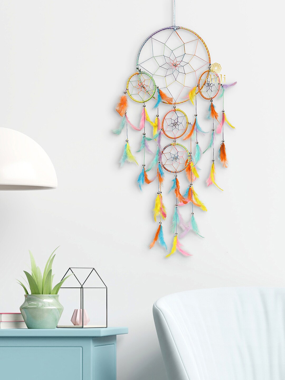 

DULI Hanging Dream Catcher With Lights & Pastel Multicolor Feathers, Blue