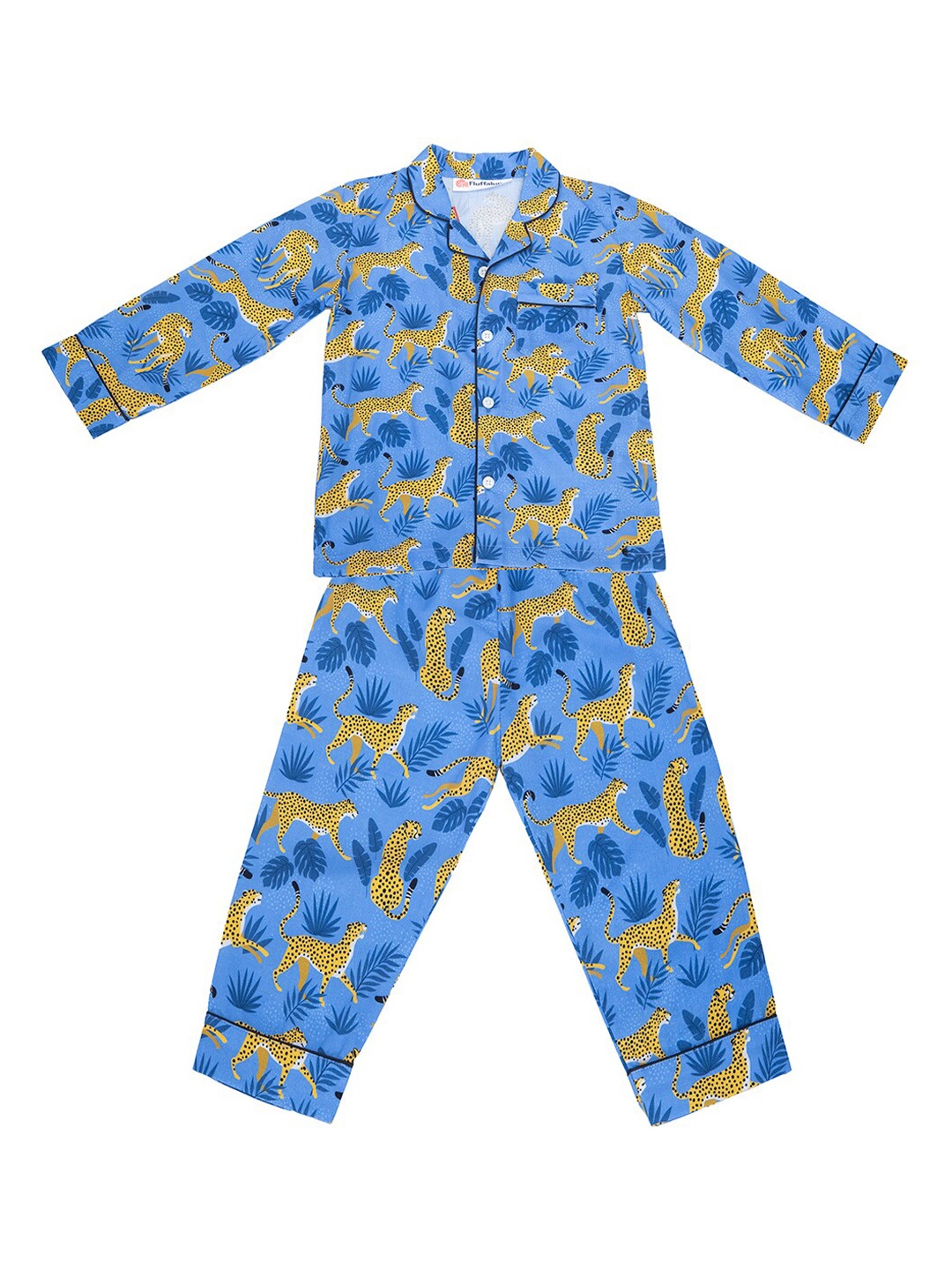 

Fluffalump Kids Floral Printed Pure Cotton Night Suit, Blue