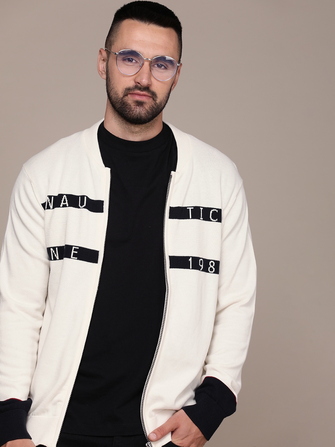 

Nautica Pure Cotton Brand Logo Printed Front Open Sweaters, Cream
