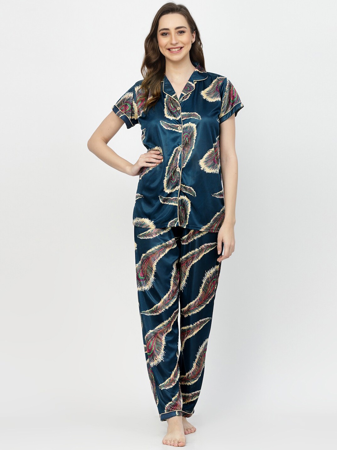 

Arrabi Peacock Feather Printed Satin Night Suit, Turquoise blue