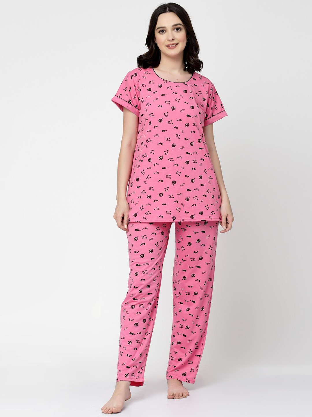 

Arrabi Conversational Printed Organic Cotton Night Suit, Pink
