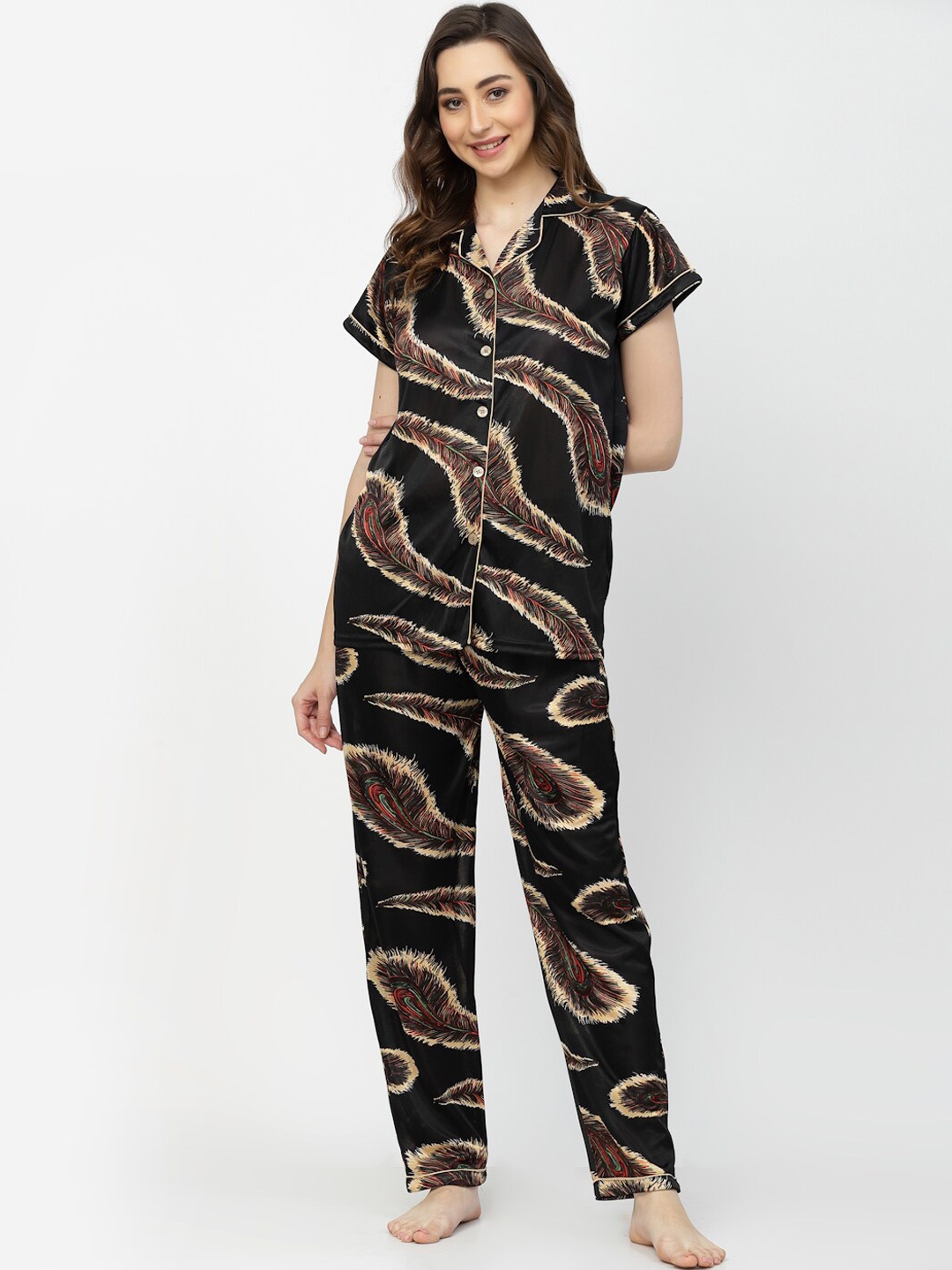 

Arrabi Peacock Feather Printed Satin Women Night Suit, Black