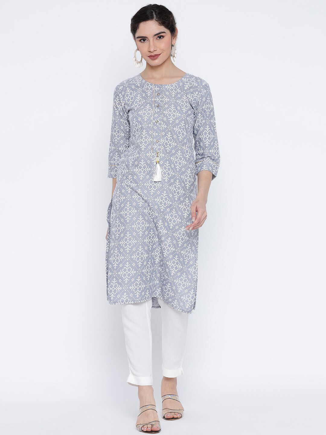 

BANJARA INDIA Ethnic Motifs Printed Gotta Patti Straight Kurta, Grey