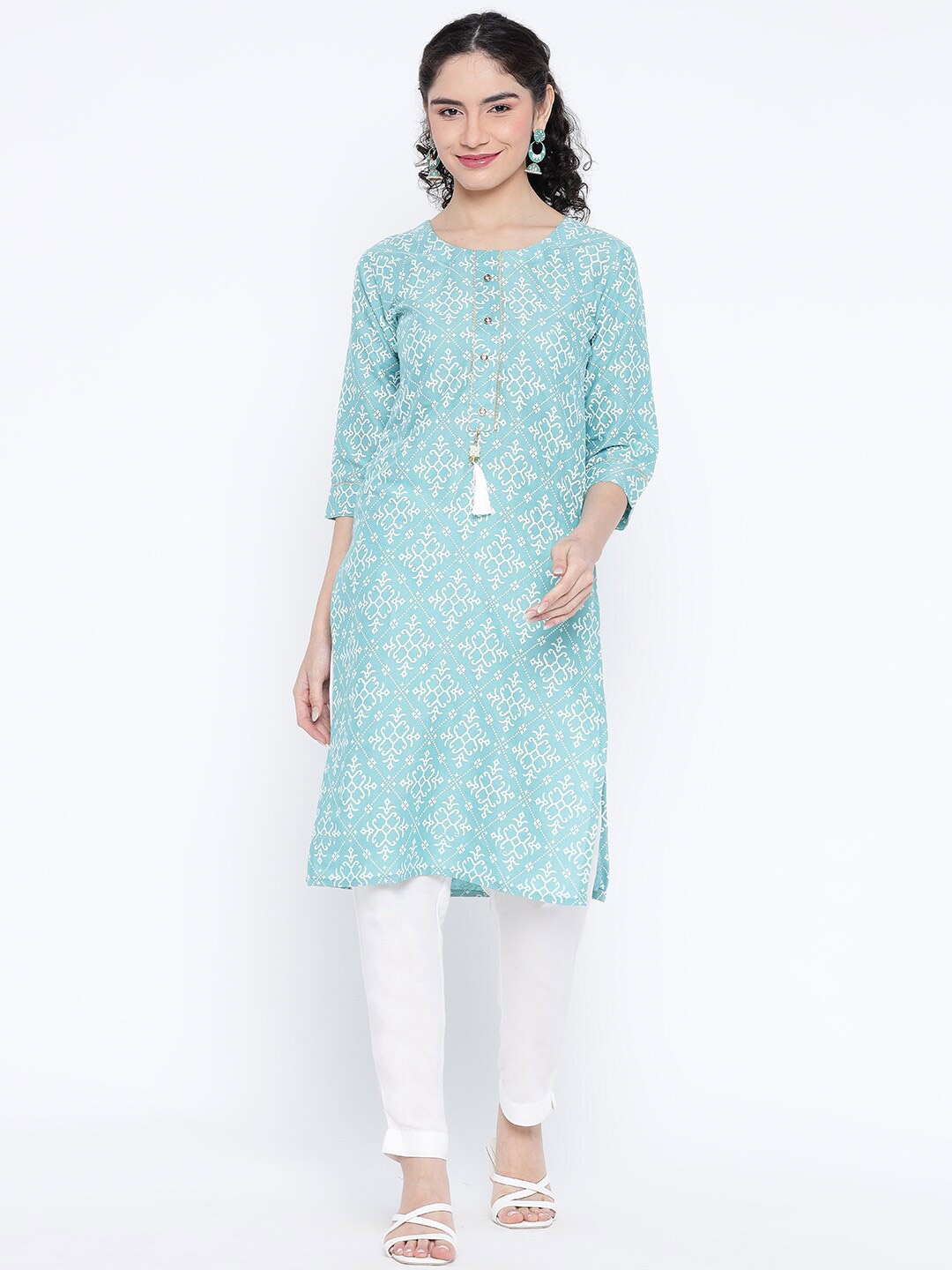 

BANJARA INDIA Ethnic Motifs Printed Gotta Patti Straight Kurta, Blue