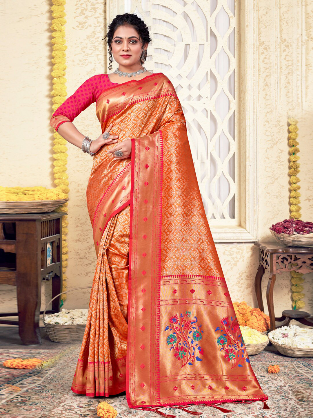 

SANGAM PRINTS Ethnic Motif Woven Design Zari Pure Silk Kanjeevaram Saree, Orange