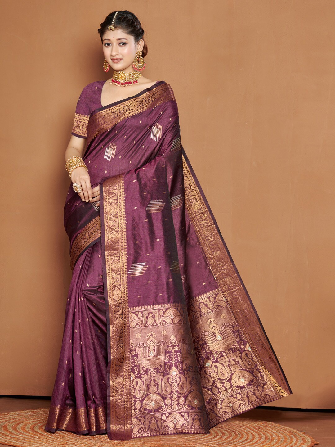 

SANGAM PRINTS Woven Design Zari Pure Silk Banarasi Saree, Purple