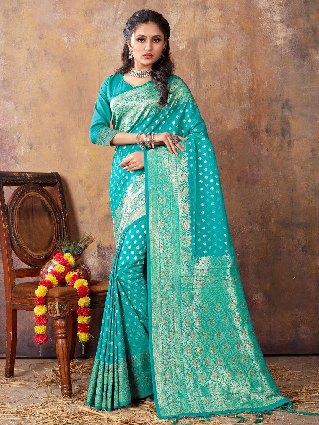 

SANGAM PRINTS Ethnic Woven Design Zari Saree, Sea green