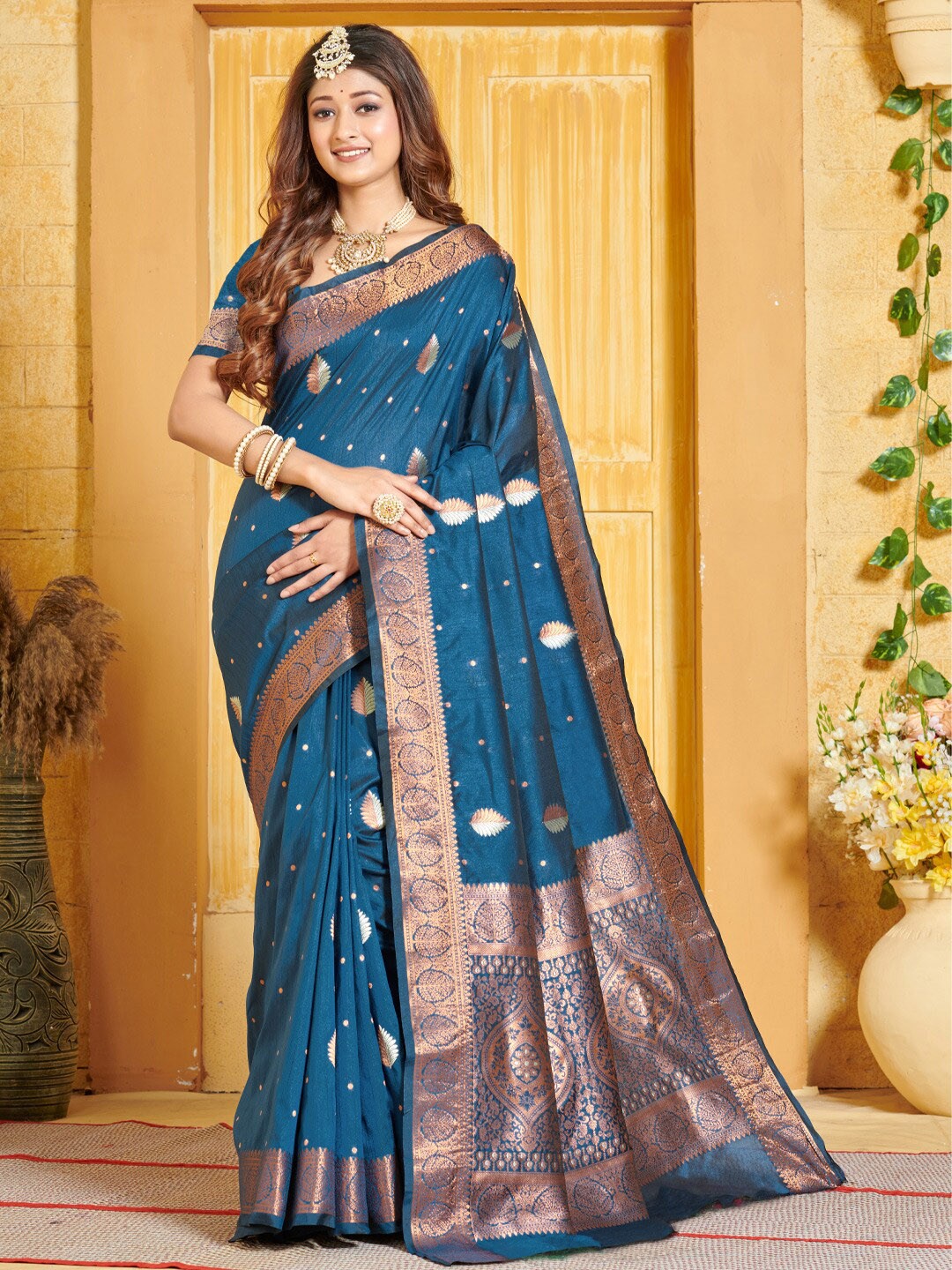 

SANGAM PRINTS Ethnic Motif Woven Design Zari Pure Silk Banarasi Saree, Blue