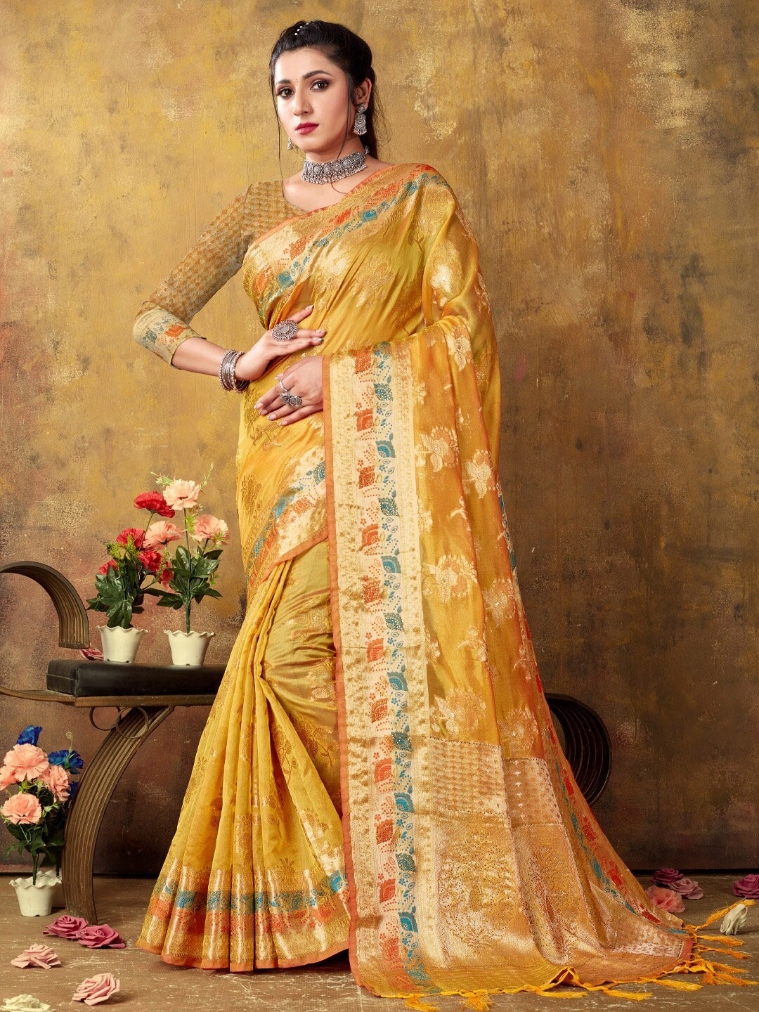 

SANGAM PRINTS Floral Woven Design Stone Work Organza Saree, Yellow