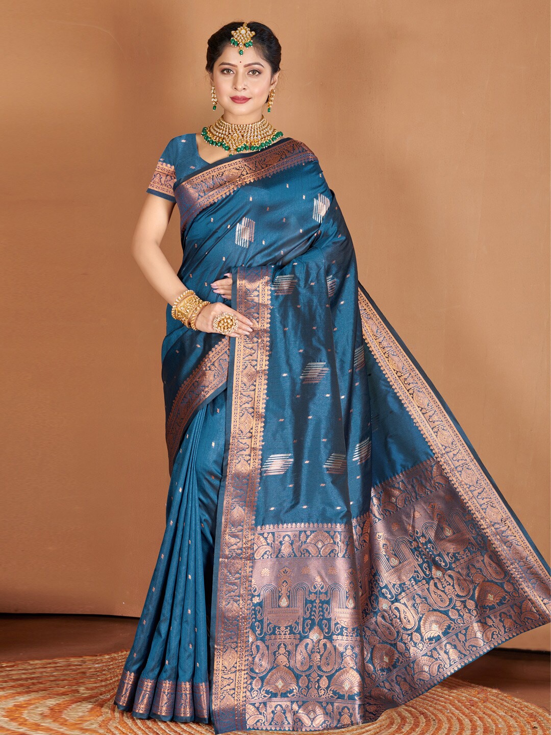 

SANGAM PRINTS Geometric Woven Design Zari Pure Silk Banarasi Saree, Blue
