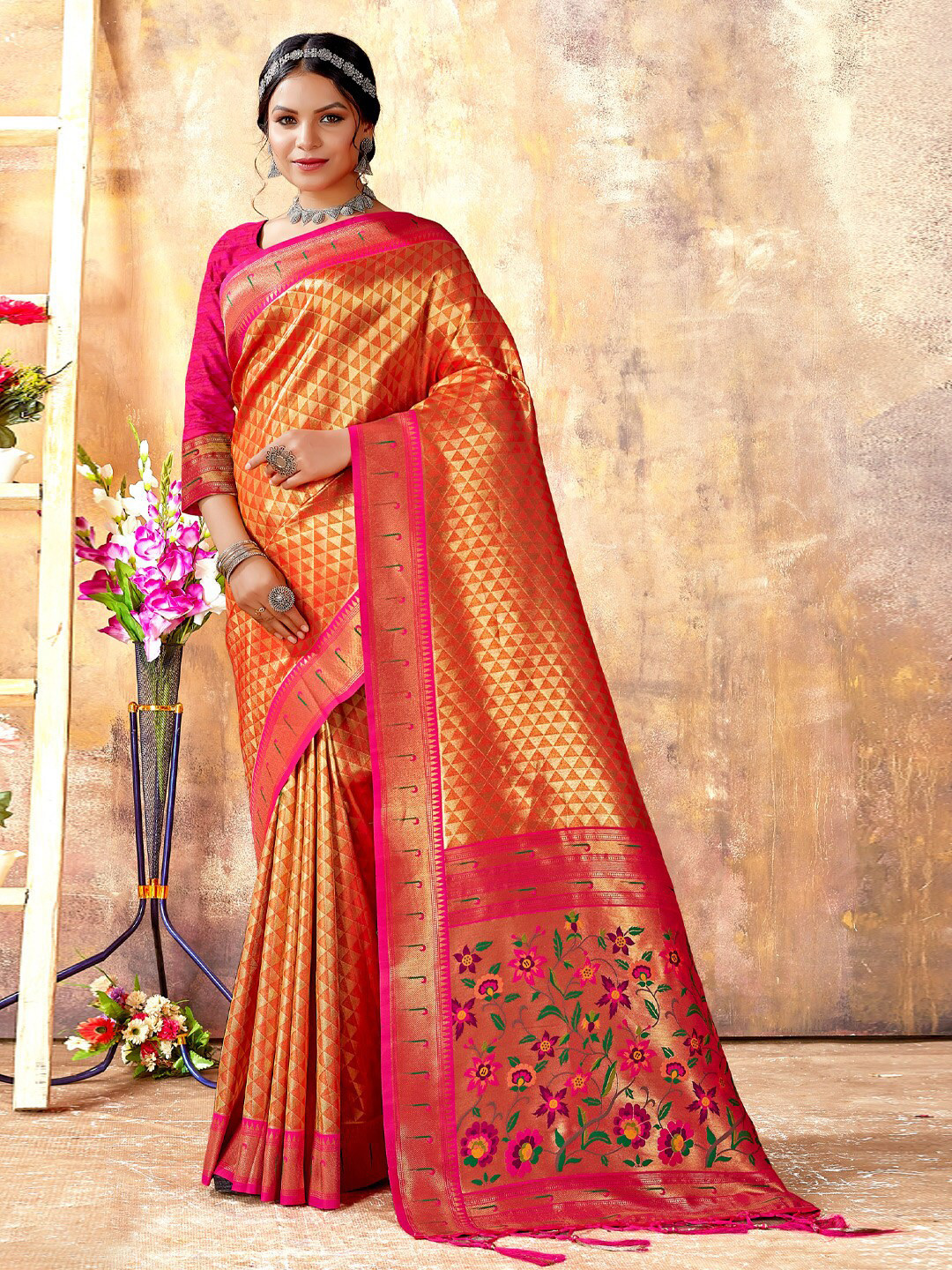 

SANGAM PRINTS Woven Design Zari Pure Silk Kanjeevaram Saree, Orange