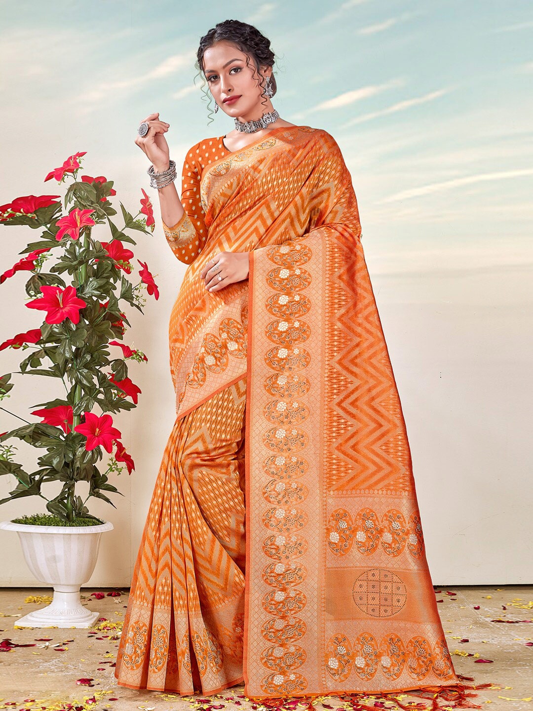 

SANGAM PRINTS Chevron Woven Design Zari Organza Saree, Orange