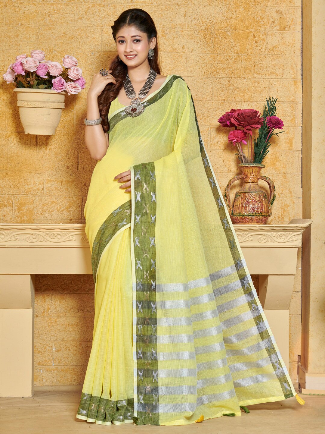 

SANGAM PRINTS Woven Design Zari Pure Linen Saree, Yellow