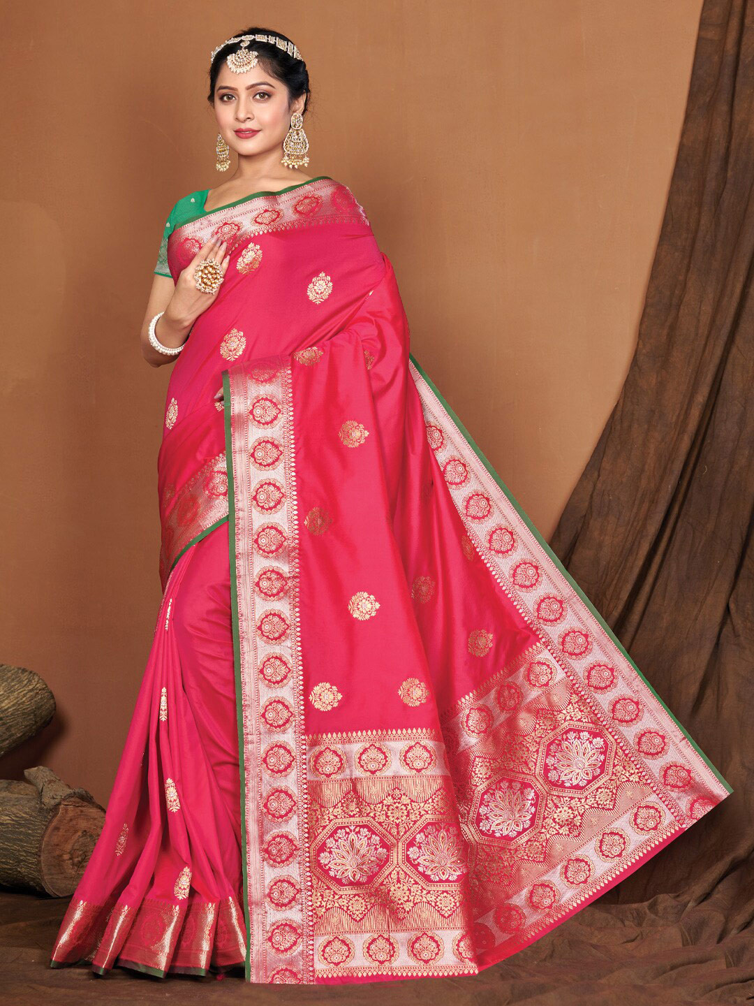

SANGAM PRINTS Ethnic Motif Woven Design Zari Pure Silk Banarasi Saree, Pink