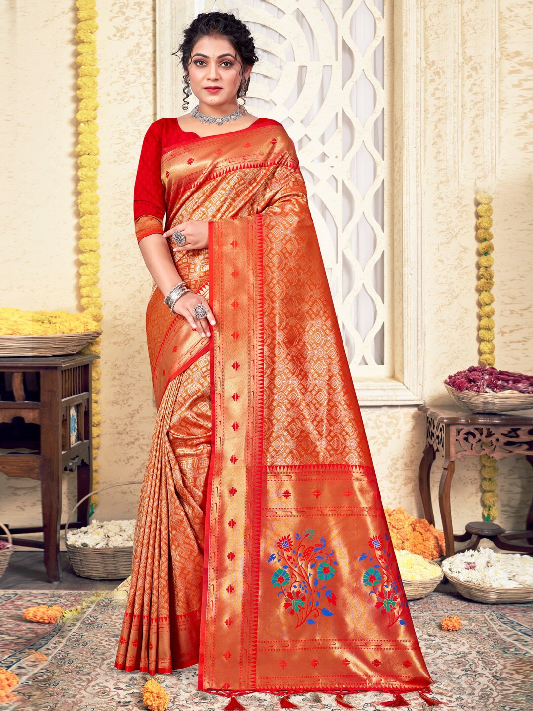 

SANGAM PRINTS Ethnic Motif Woven Design Zari Pure Silk Kanjeevaram Saree, Orange