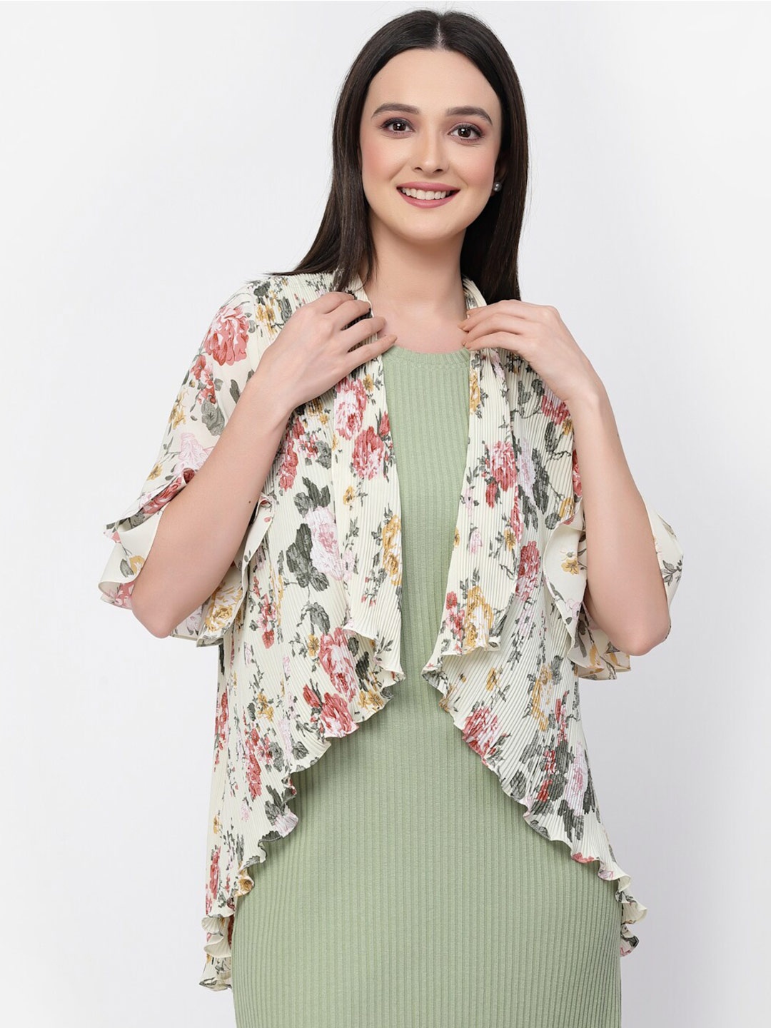 

LELA Floral Printed Longline Asymmetric Open Front Shrug, Off white