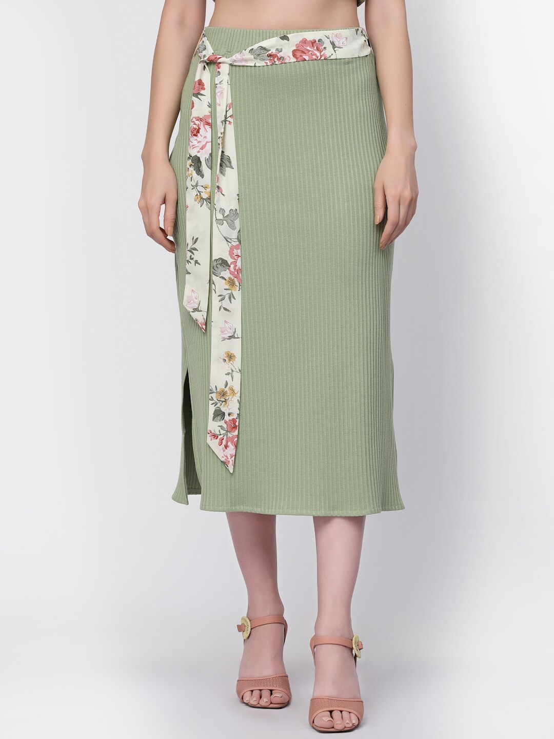 

LELA Ribbed Knee-Length Straight Skirts With Belt, Green