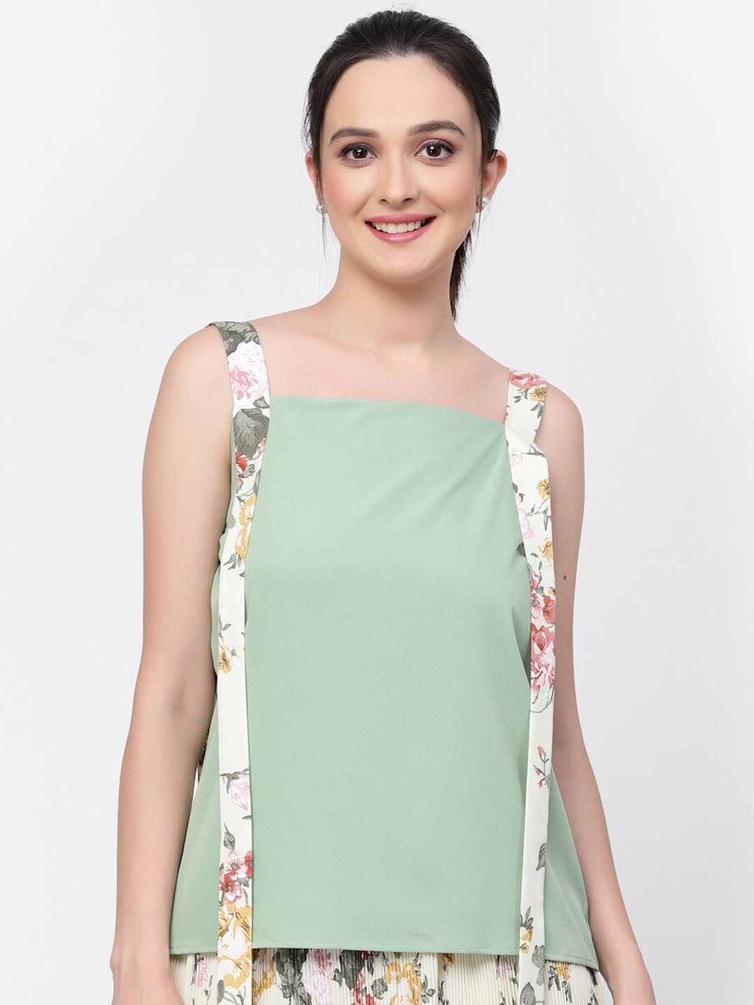 

LELA Floral Printed Shoulder Straps Top, Green