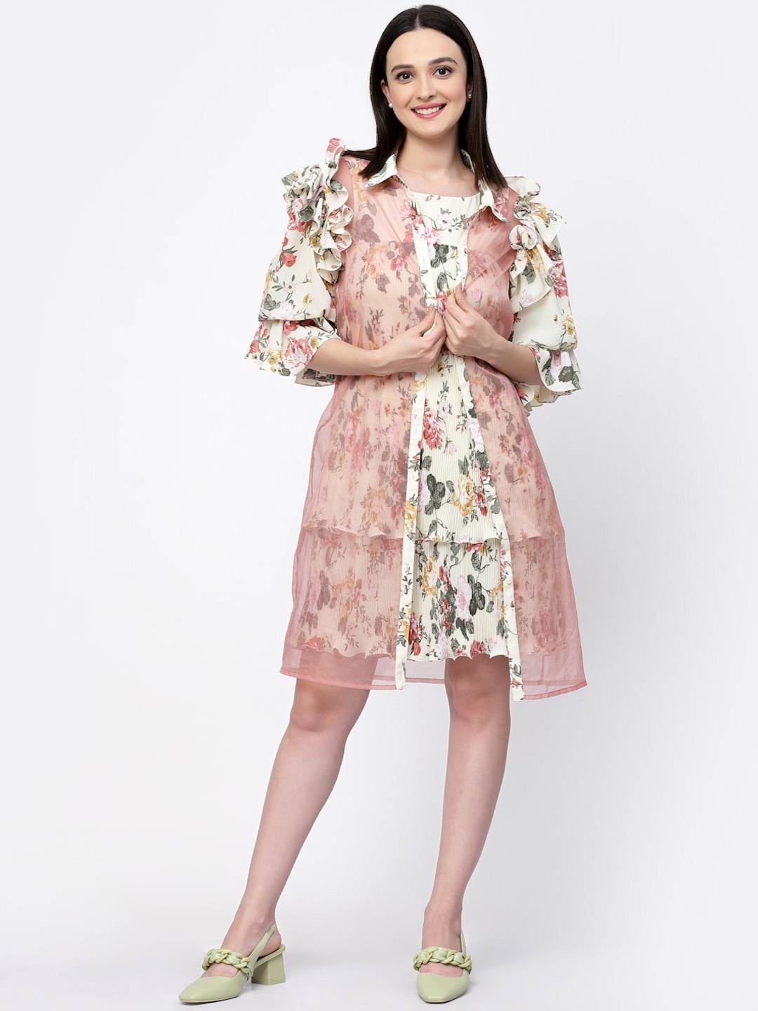 

LELA Women Floral Printed Longline Organza Open Front Shrug, Peach