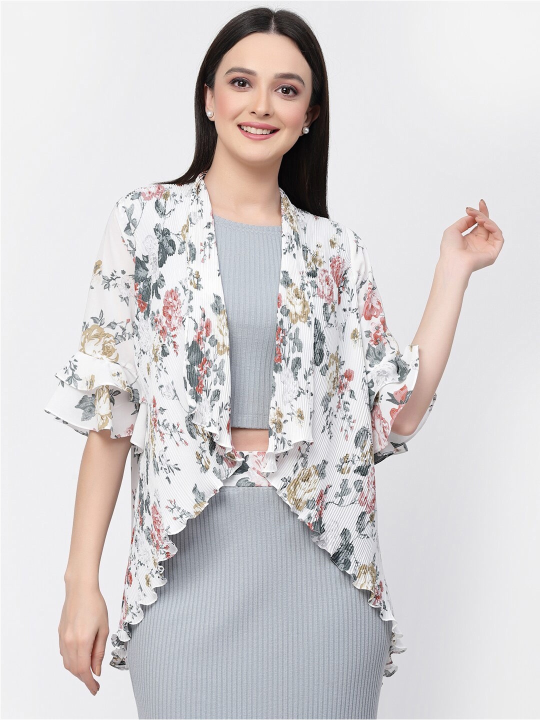 

LELA Floral Printed Longline Asymmetric Open Front Shrug, White