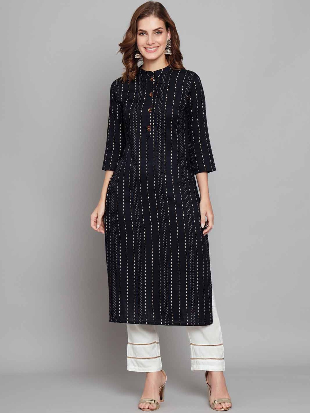 

KALINI Striped Mandarin Collar Kurta with Palazzos, Navy blue