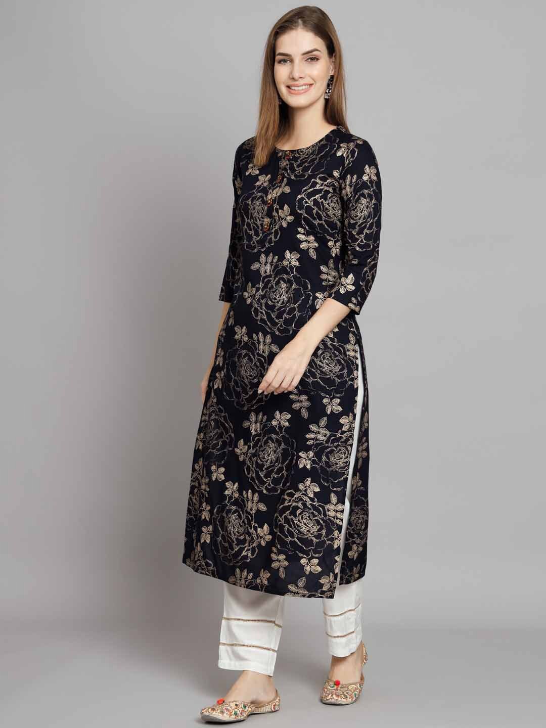 

KALINI Floral Printed Regular Kurta With Trousers, Navy blue