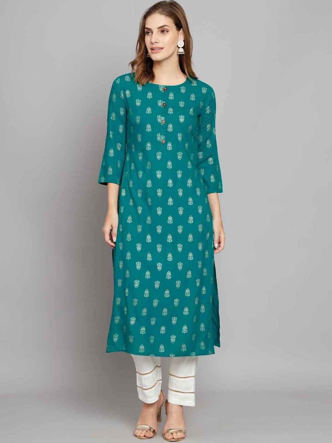 

KALINI Floral Printed Straight Kurta with Trousers, Blue