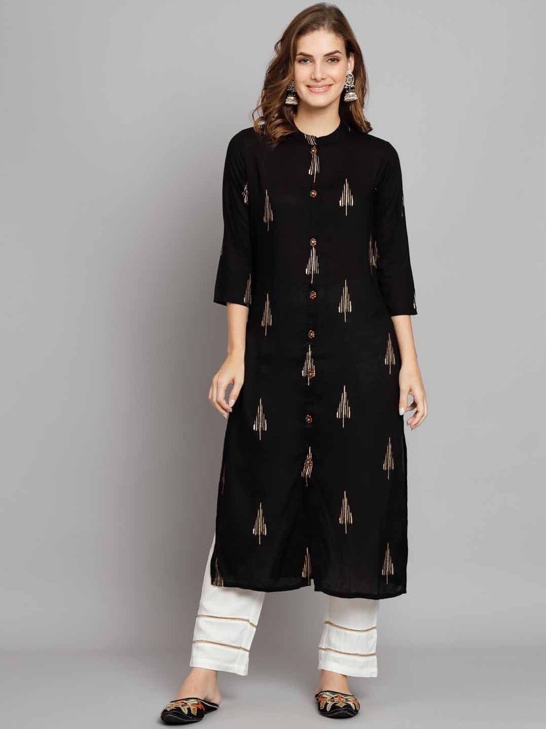 

KALINI Abstract Printed Mandarin Collar Kurta with Palazzos, Black