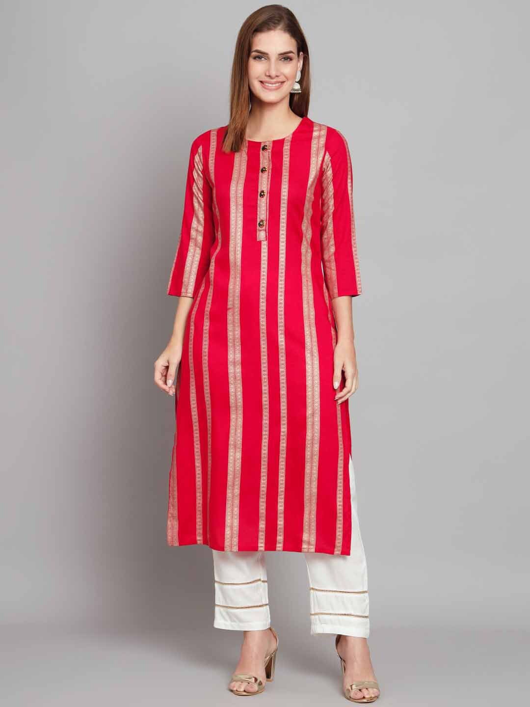 

KALINI Striped Straight Kurta With Trousers, Red