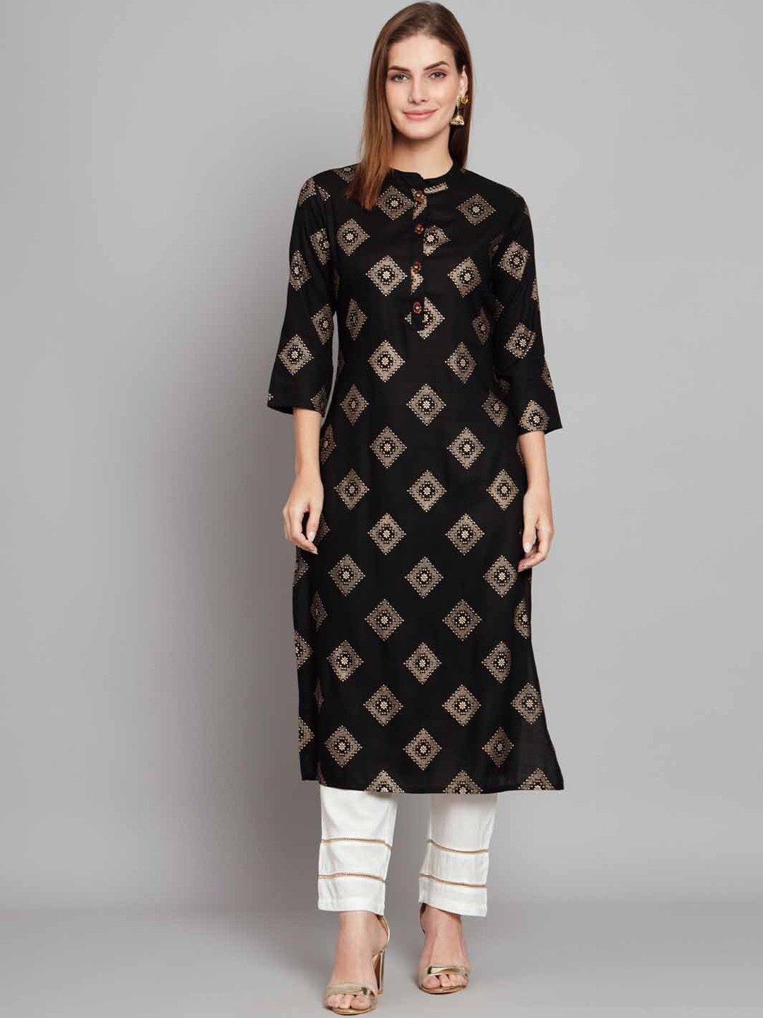 

KALINI Ethnic Motifs Foil Printed Mandarin Collar Kurta with Trousers, Black